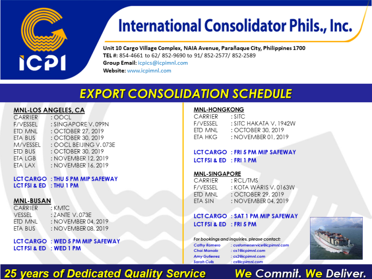 FREIGHT FORWARDER CONSOL SCHEDULE WEEK 43 SAILING International